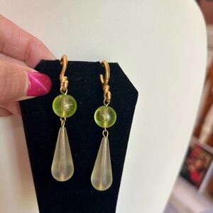 Gold-Tone Earrings with Lime Green Bead and Frosted Teardrop Pendants